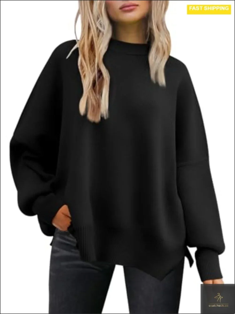 Oversized Batwing Knit Sweater Crewneck Side Slit Pullover